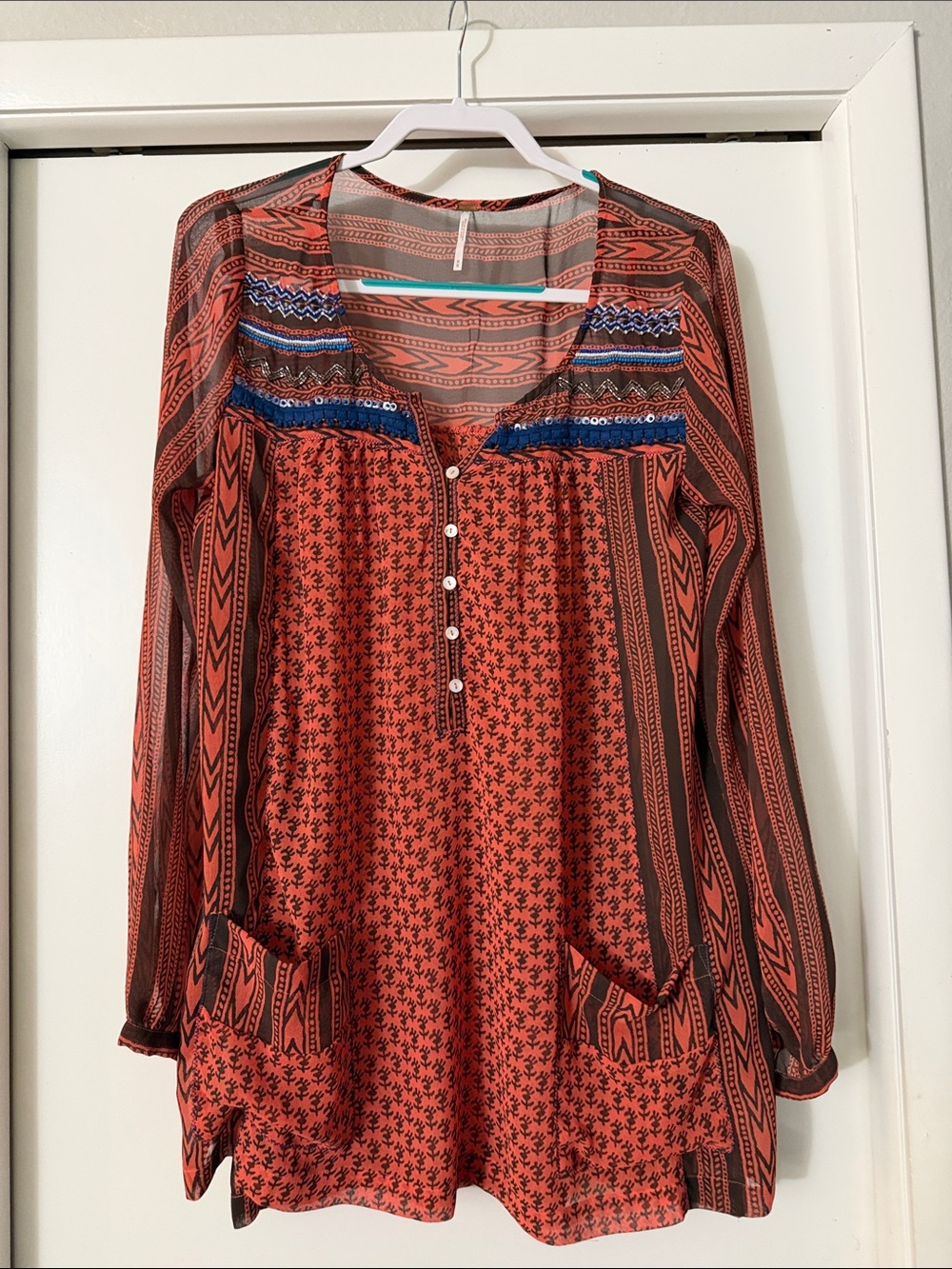 Free People Boho Button-Front Long-Sleeve Tunic in Rust